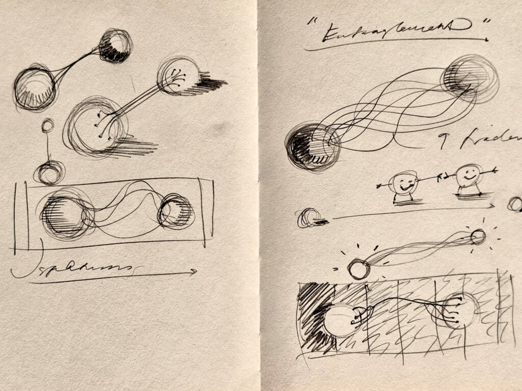 En tidig skiss av Johan Jarnestads Nobelillustration föreställande sammankopplade kvanttillstånd.